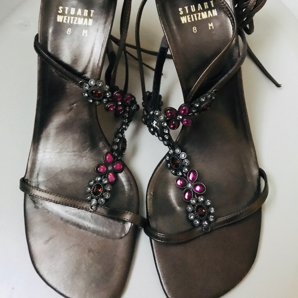 Stuart Weitzman Gold Leather Rhinestone Sandals